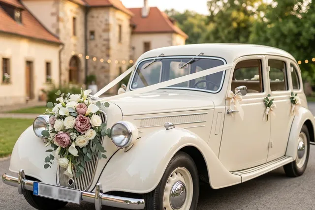 Svatební dekorace na auto od stuh přes panenku po veterána