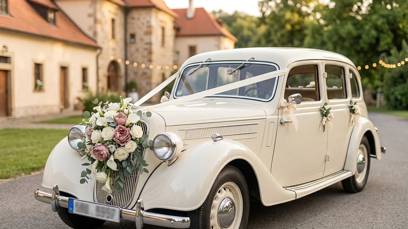 Svatební dekorace na auto od stuh přes panenku po veterána